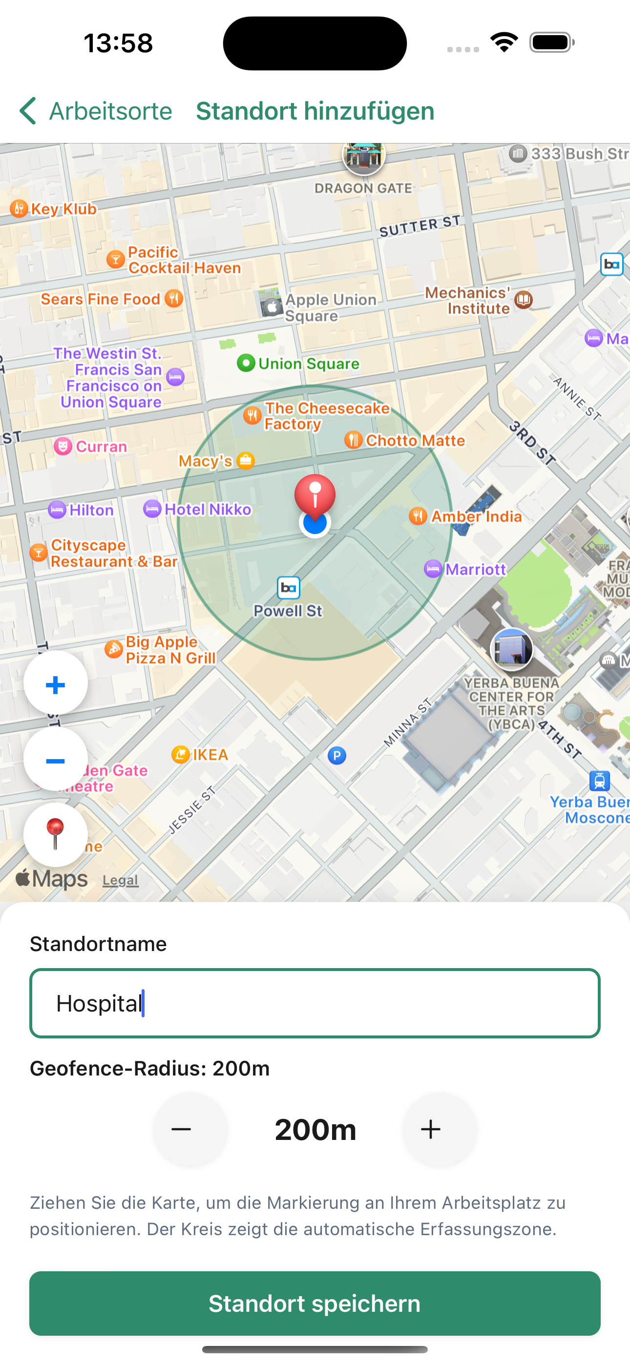 Open Working Hours — location setup with geofence configuration