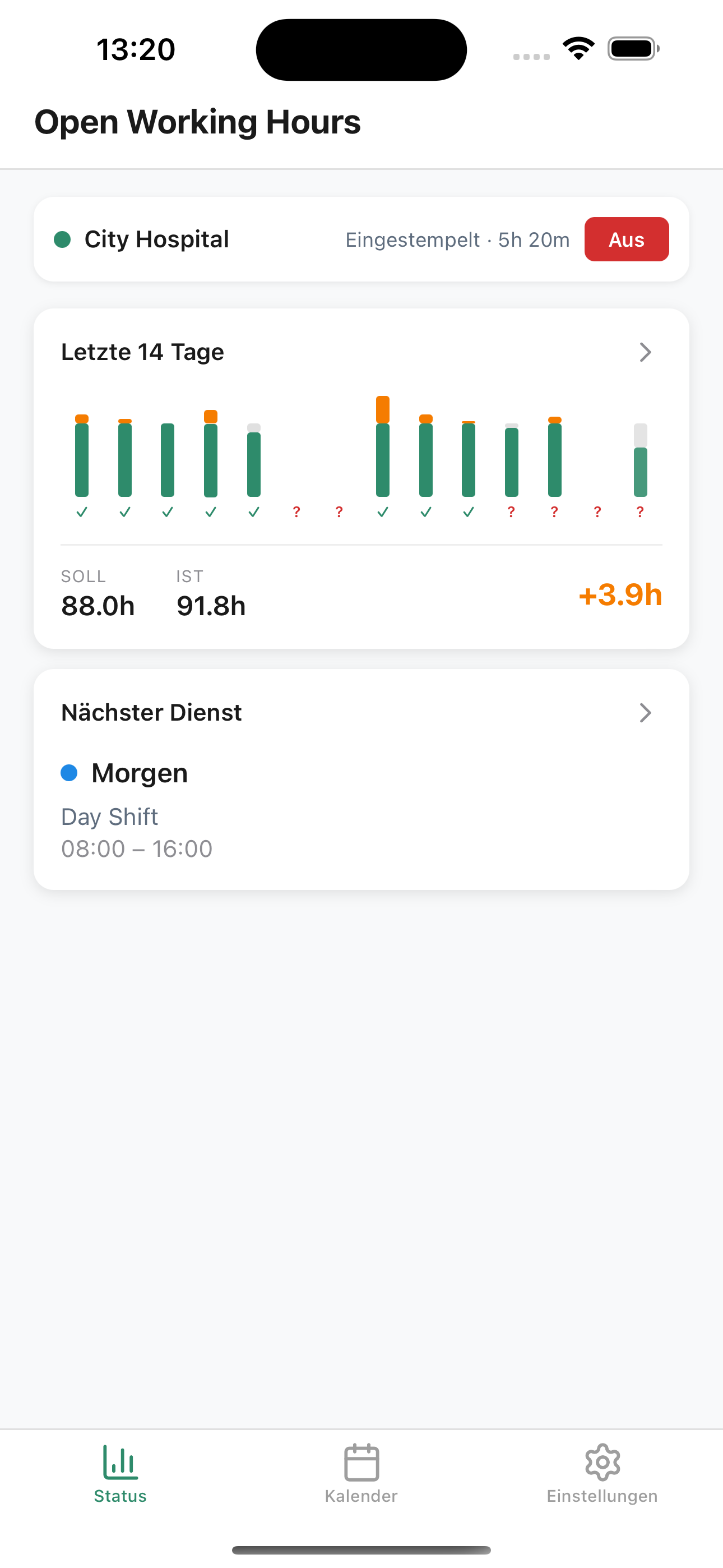 Open Working Hours — status dashboard showing 14-day overview and overtime tracking